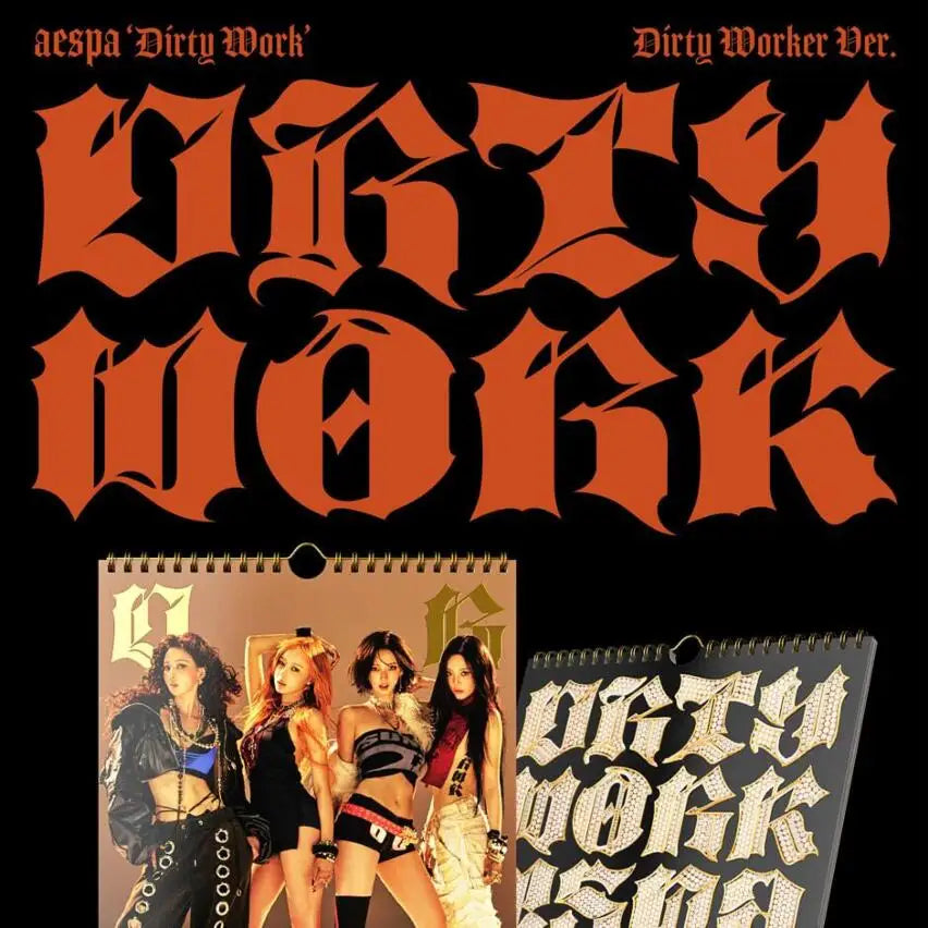 Kpop album aespa's 'Dirty Work' with stylized text and images of the group at keapop