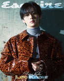 Lee know stray kids on the cover of esquire magazine with blue sweetshirt